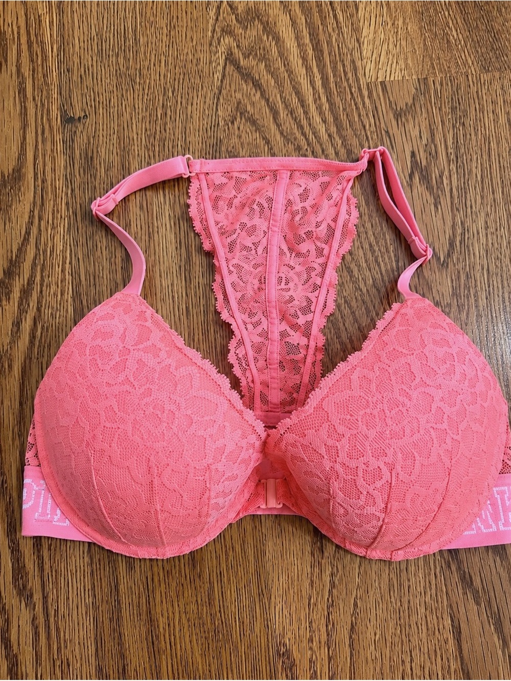 Victoria’s Secret PINK Push Up Bra 32C Coral Pink Lace Strappy Back Racerback